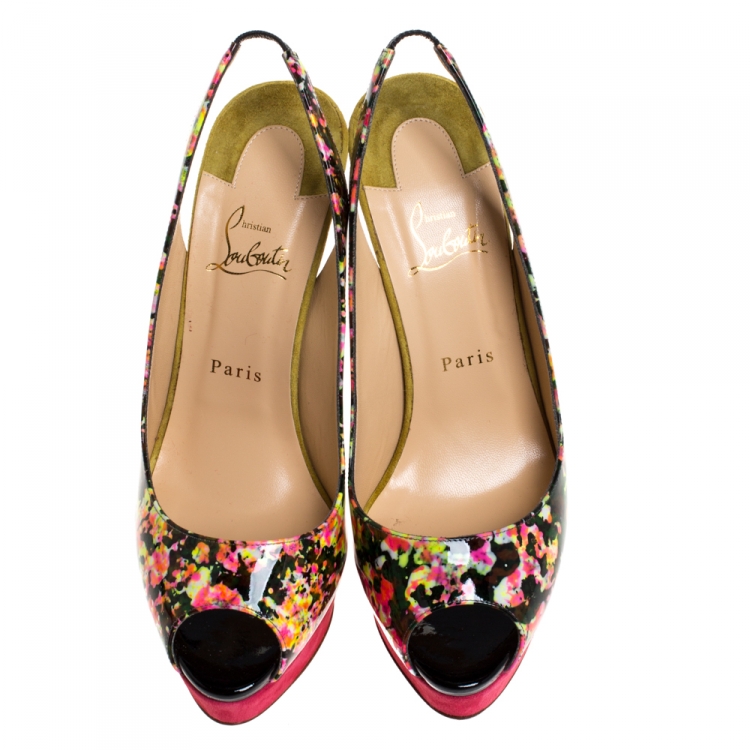 Pre Owned Christian Louboutin Multicolor Granite Print Patent Leather and Suede Lady Peep Toe Platform Pumps Size 40.5