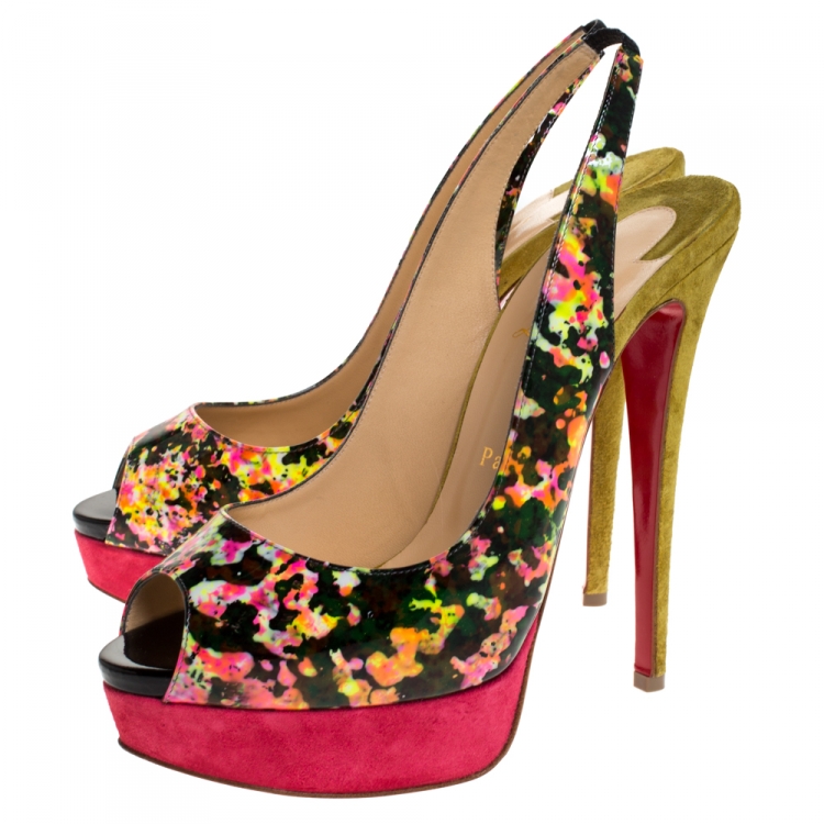 Pre Owned Christian Louboutin Multicolor Granite Print Patent Leather and Suede Lady Peep Toe Platform Pumps Size 40.5