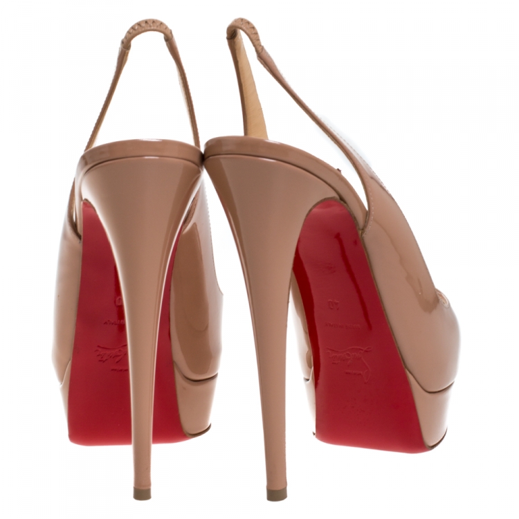 Pre Owned Christian Louboutin Nude Beige Patent Leather Lady Peep Toe Platform Slingback Sandals Size 40