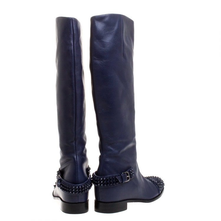Pre Owned Christian Louboutin Blue Leather Spiked Egoutina Knee Length Boots Size 37.5