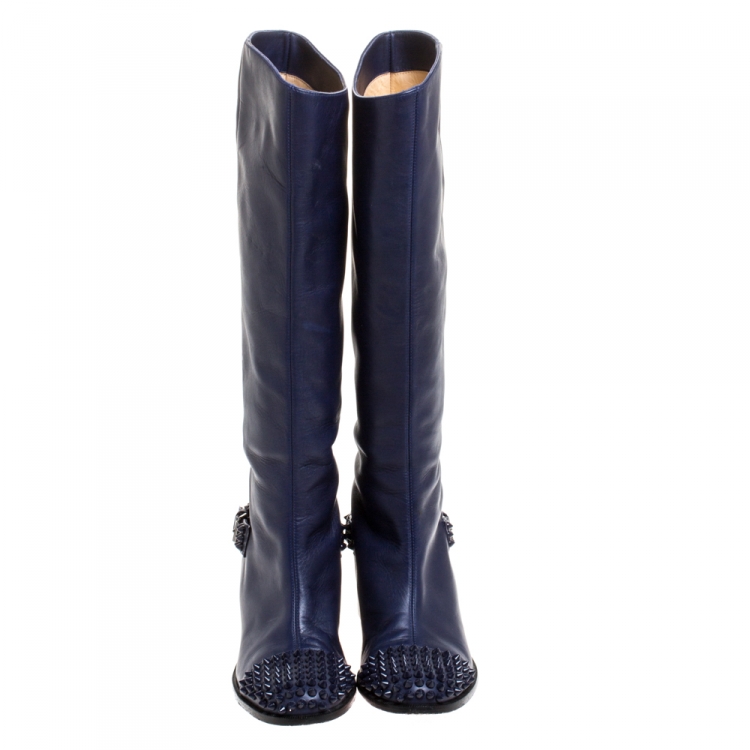 Pre Owned Christian Louboutin Blue Leather Spiked Egoutina Knee Length Boots Size 37.5