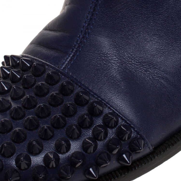 Pre Owned Christian Louboutin Blue Leather Spiked Egoutina Knee Length Boots Size 37.5