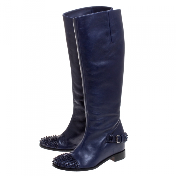 Pre Owned Christian Louboutin Blue Leather Spiked Egoutina Knee Length Boots Size 37.5