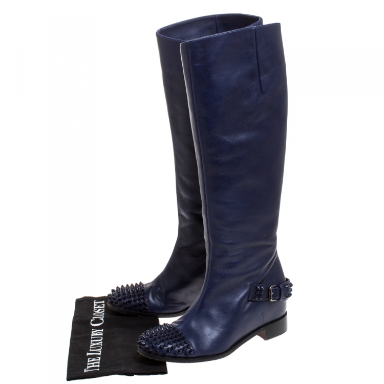Pre Owned Christian Louboutin Blue Leather Spiked Egoutina Knee Length Boots Size 37.5