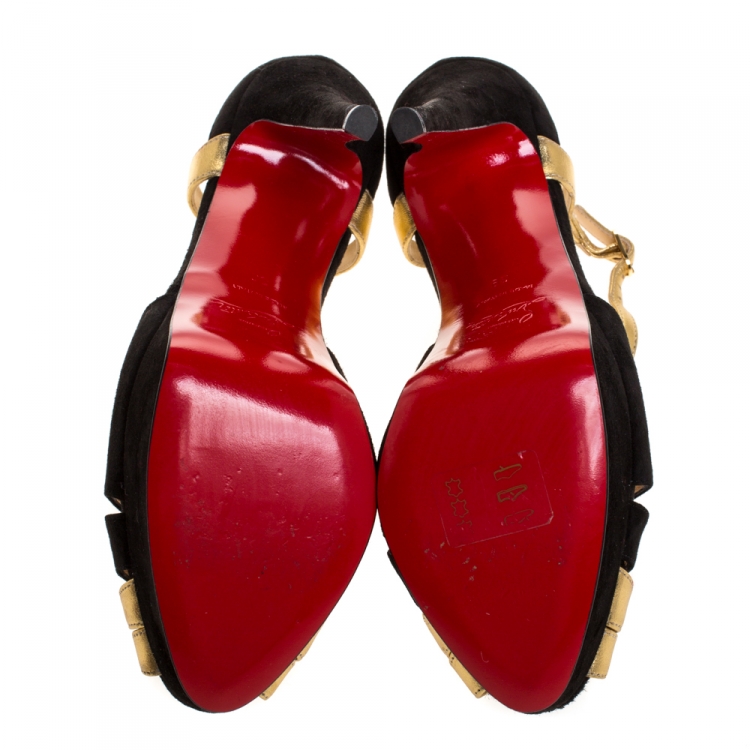 Pre Owned Christian Louboutin Black/Gold Leather and Suede Glennalta Platform Sandals Size 39
