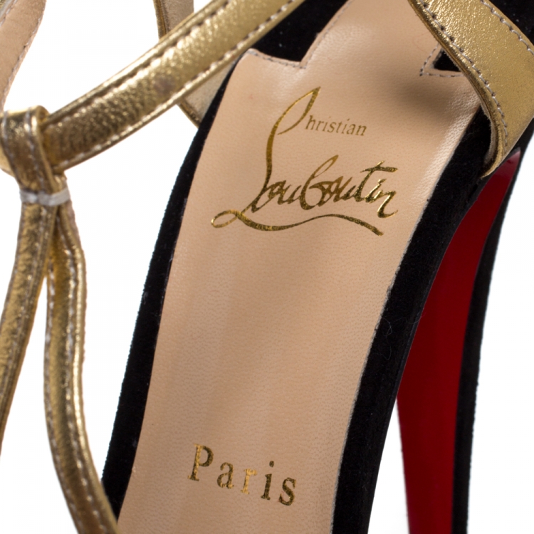 Pre Owned Christian Louboutin Black/Gold Leather and Suede Glennalta Platform Sandals Size 39