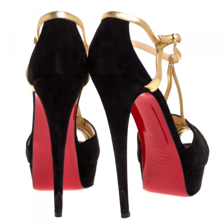 Pre Owned Christian Louboutin Black/Gold Leather and Suede Glennalta Platform Sandals Size 39