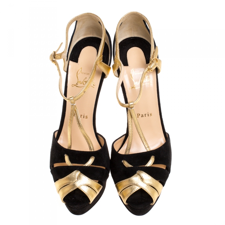 Pre Owned Christian Louboutin Black/Gold Leather and Suede Glennalta Platform Sandals Size 39