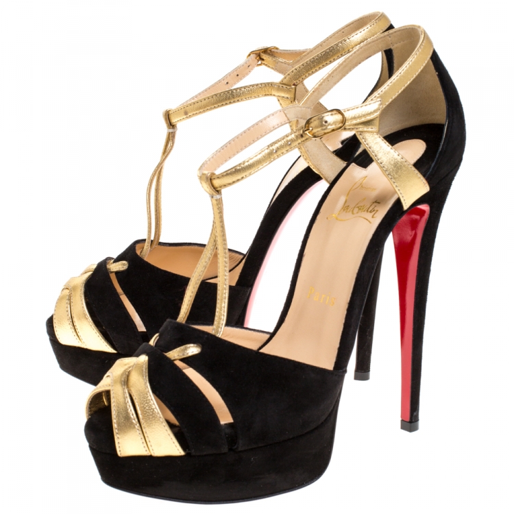Pre Owned Christian Louboutin Black/Gold Leather and Suede Glennalta Platform Sandals Size 39