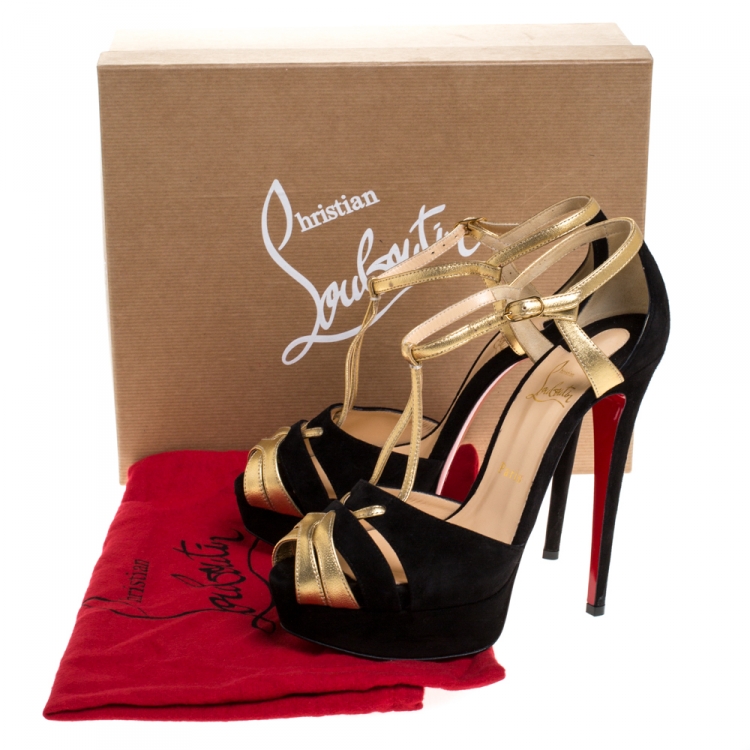 Pre Owned Christian Louboutin Black/Gold Leather and Suede Glennalta Platform Sandals Size 39