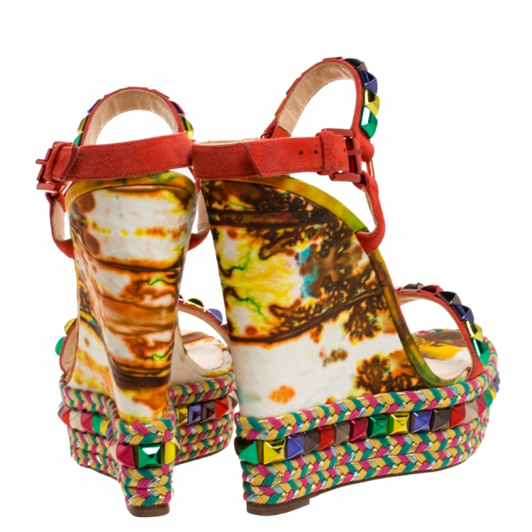Pre Owned Christian Louboutin Multicolor Studded Suede Cataclou Espadrille Wedge Sandals Size 41