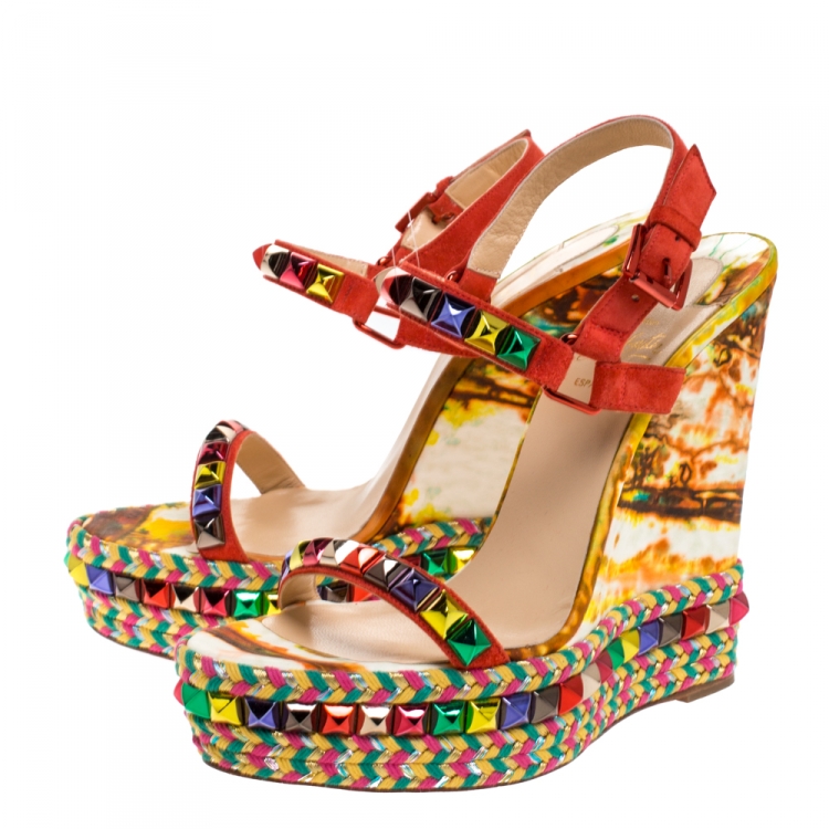 Pre Owned Christian Louboutin Multicolor Studded Suede Cataclou Espadrille Wedge Sandals Size 41