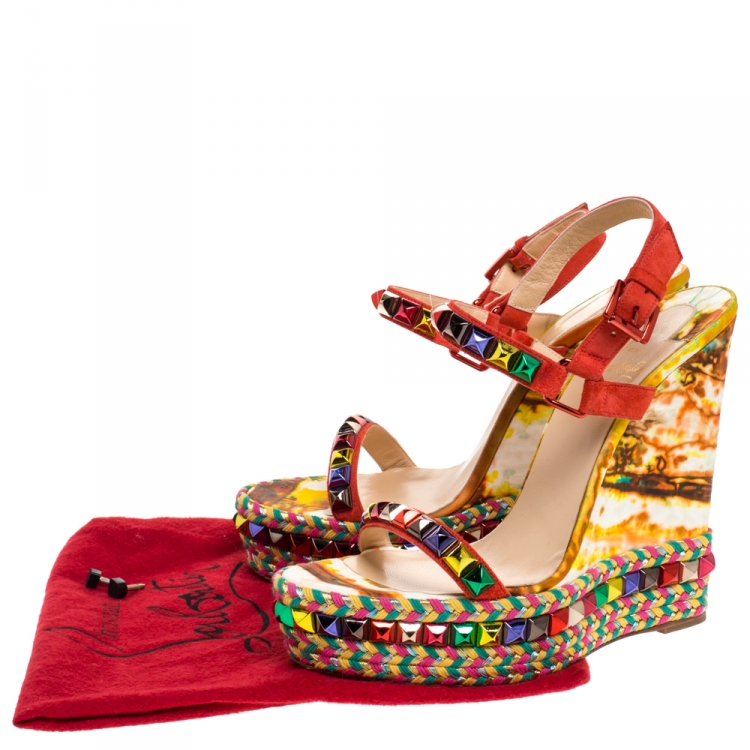Pre Owned Christian Louboutin Multicolor Studded Suede Cataclou Espadrille Wedge Sandals Size 41