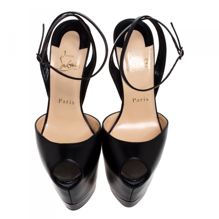 Pre Owned Christian Louboutin Black Leather Despressi Peep Toe Platform Sandals Size 37.5
