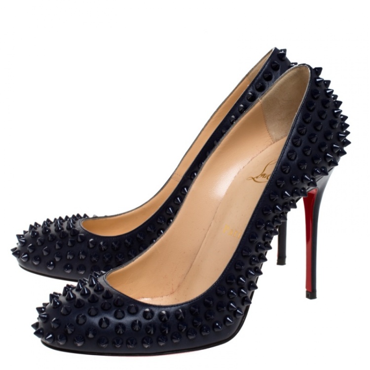 مملوكة مسبقًا Christian Louboutin Navy Blue Leather Fifi Spike Pumps Size 39.5