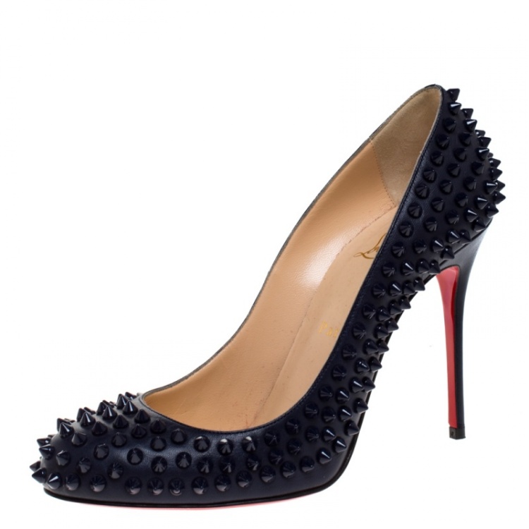مملوكة مسبقًا Christian Louboutin Navy Blue Leather Fifi Spike Pumps Size 39.5