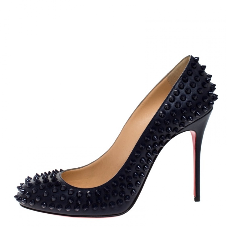 مملوكة مسبقًا Christian Louboutin Navy Blue Leather Fifi Spike Pumps Size 39.5