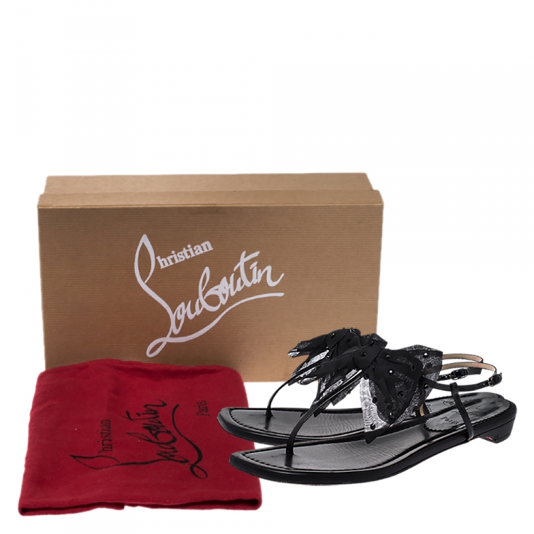 Pre Owned Christian Louboutin Black Patent Leather And Crystal Embellished Organza Bow Vaudoo Flat Sandals Size 39