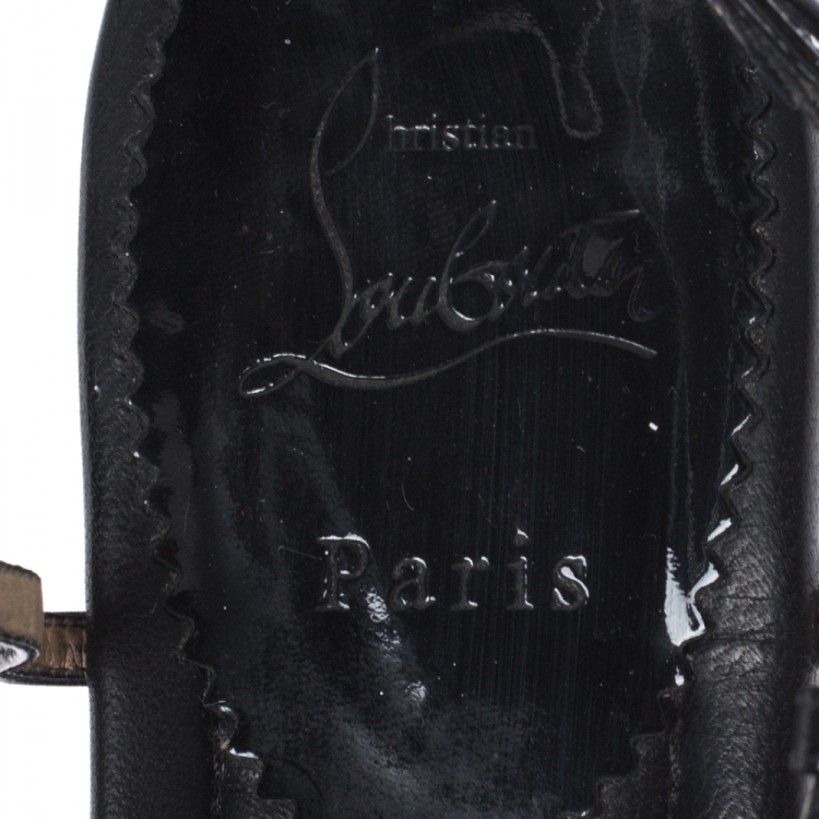 Pre Owned Christian Louboutin Black Patent Leather And Crystal Embellished Organza Bow Vaudoo Flat Sandals Size 39