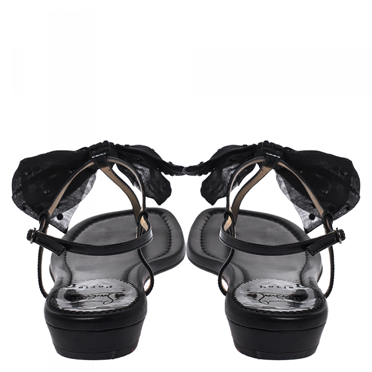 Pre Owned Christian Louboutin Black Patent Leather And Crystal Embellished Organza Bow Vaudoo Flat Sandals Size 39