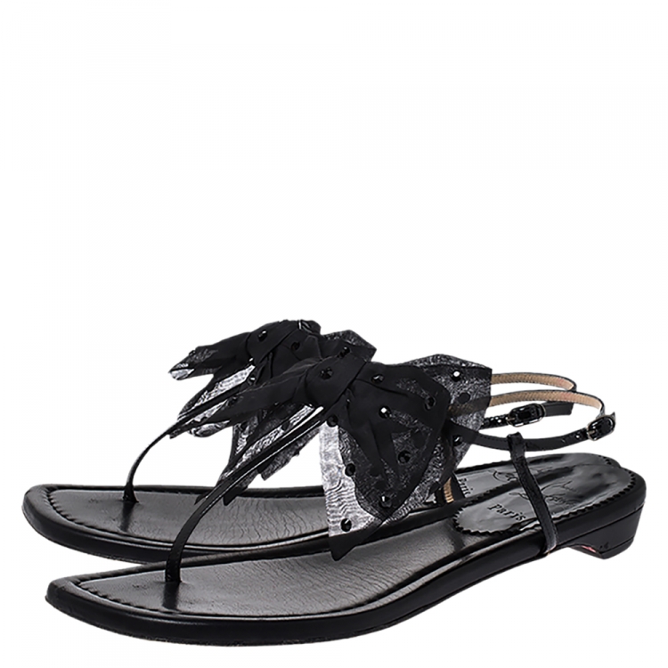 Pre Owned Christian Louboutin Black Patent Leather And Crystal Embellished Organza Bow Vaudoo Flat Sandals Size 39