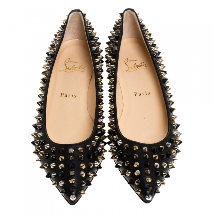 Pre Owned Christian Louboutin Black Leather Pigalle Spike Ballet Flats Size 37.5