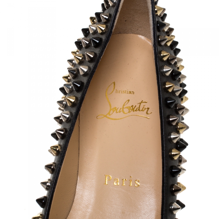 Pre Owned Christian Louboutin Black Leather Pigalle Spike Ballet Flats Size 37.5