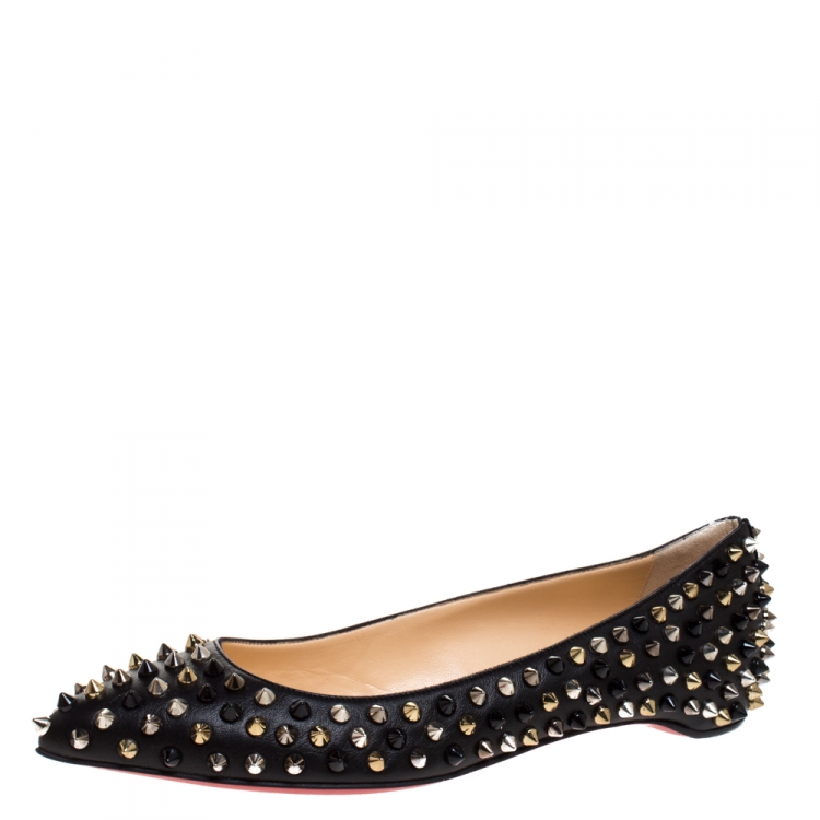 Pre Owned Christian Louboutin Black Leather Pigalle Spike Ballet Flats Size 37.5