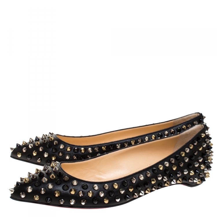 Pre Owned Christian Louboutin Black Leather Pigalle Spike Ballet Flats Size 37.5