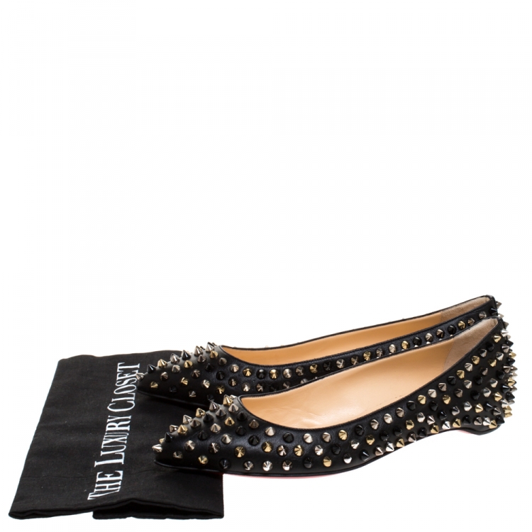 Pre Owned Christian Louboutin Black Leather Pigalle Spike Ballet Flats Size 37.5