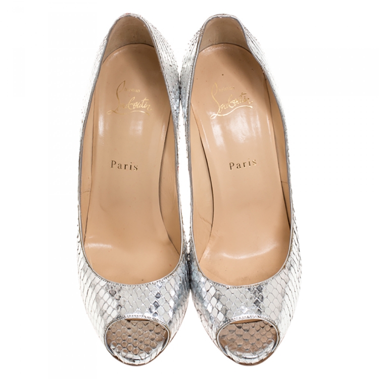 Pre Owned Christian Louboutin Metallic Silver Python Leather Flo Peep Toe Pumps Size 40