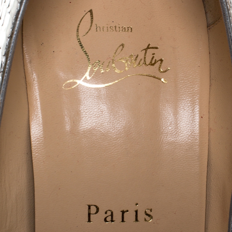 Pre Owned Christian Louboutin Metallic Silver Python Leather Flo Peep Toe Pumps Size 40