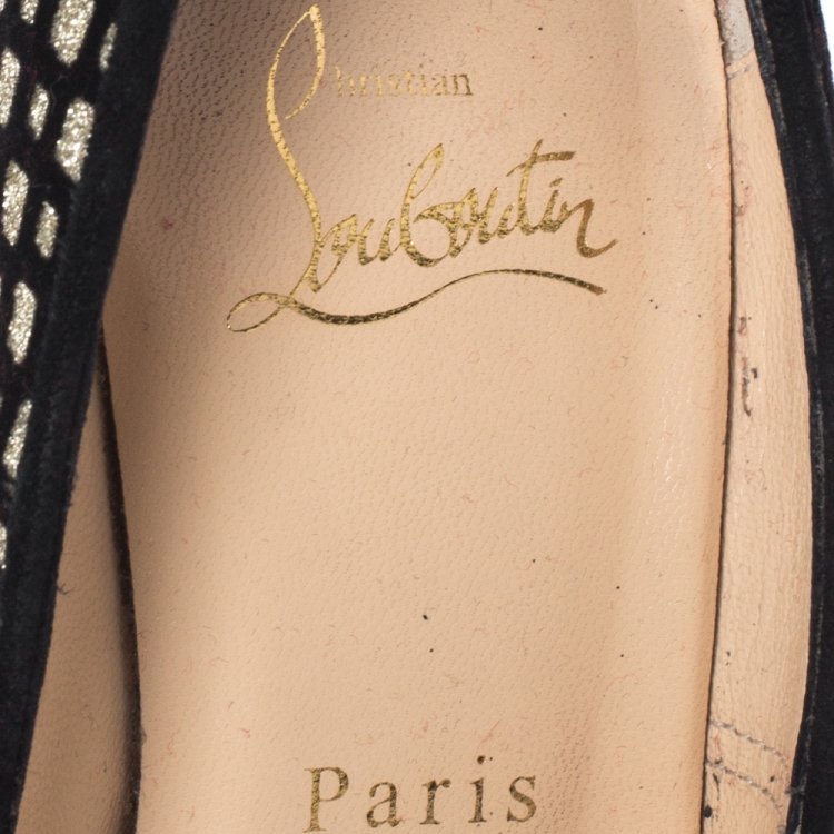 Pre Owned Christian Louboutin Black/Gold Glitter Fabric and Flocked Suede Daffodile Platform Pumps Size 37
