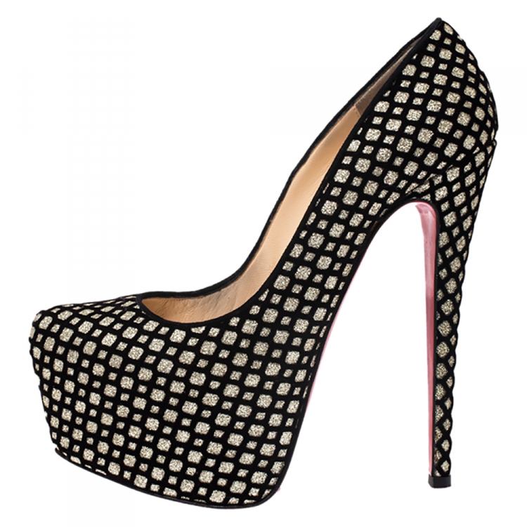 Pre Owned Christian Louboutin Black/Gold Glitter Fabric and Flocked Suede Daffodile Platform Pumps Size 37