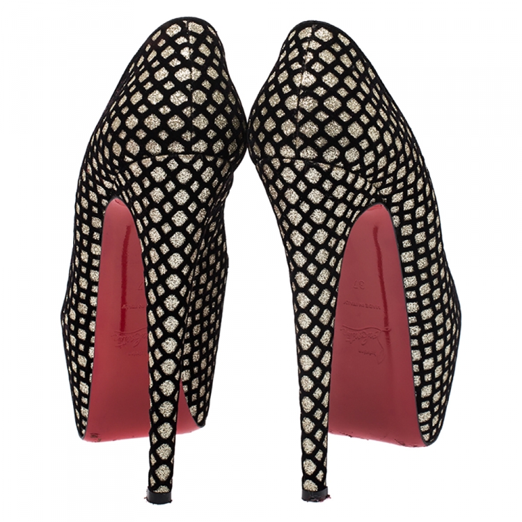 Pre Owned Christian Louboutin Black/Gold Glitter Fabric and Flocked Suede Daffodile Platform Pumps Size 37