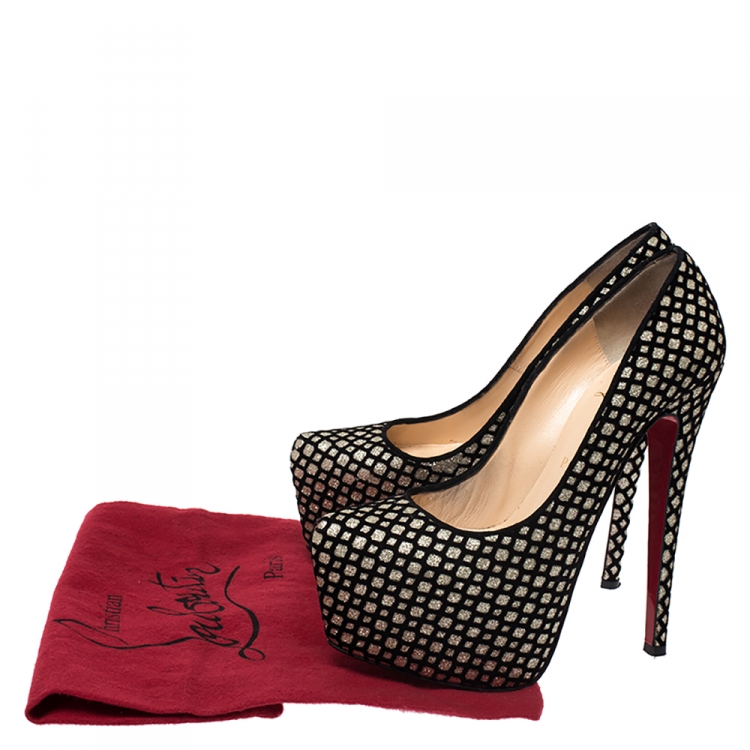 Pre Owned Christian Louboutin Black/Gold Glitter Fabric and Flocked Suede Daffodile Platform Pumps Size 37