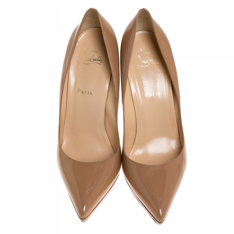 Pre Owned Christian Louboutin Beige Patent Leather Decollete Platform Pointed Toe Pumps Size 41