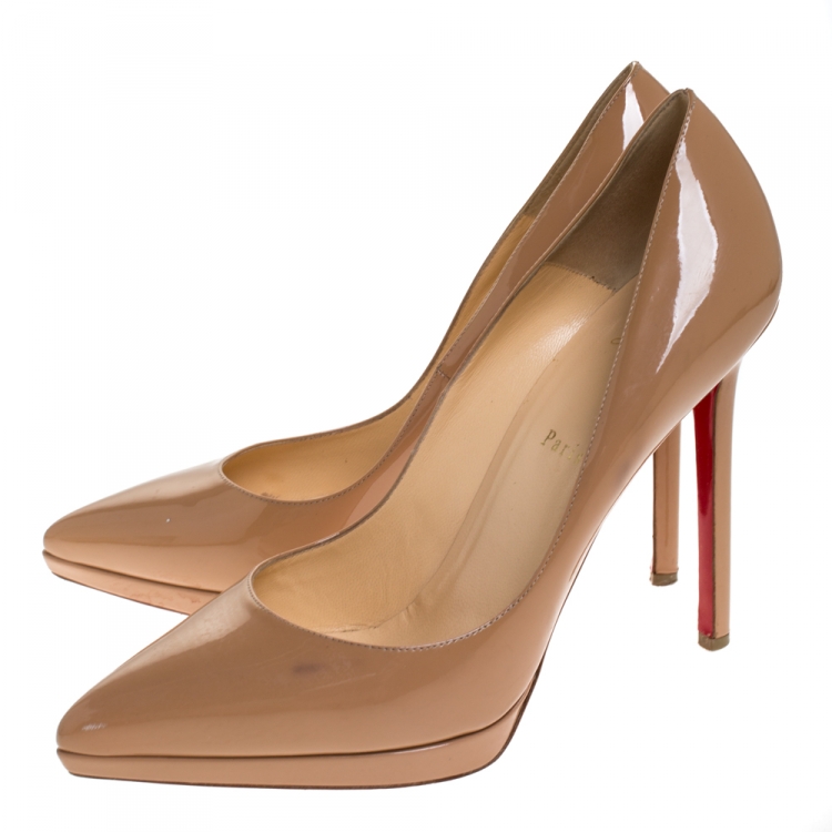 Pre Owned Christian Louboutin Beige Patent Leather Decollete Platform Pointed Toe Pumps Size 41