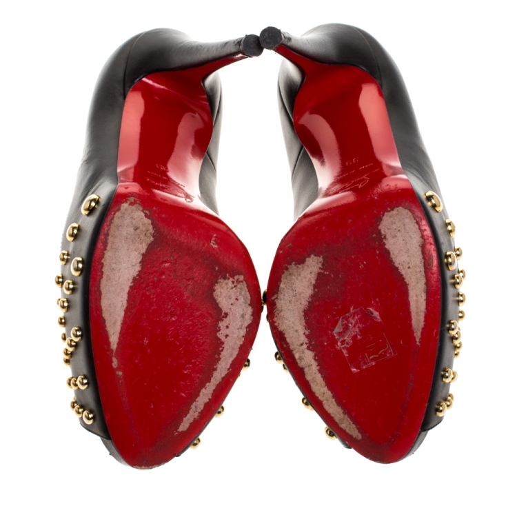 Pre Owned Christian Louboutin Black Leather Door Knock Studded Peep Toe Platform Pumps Size 39