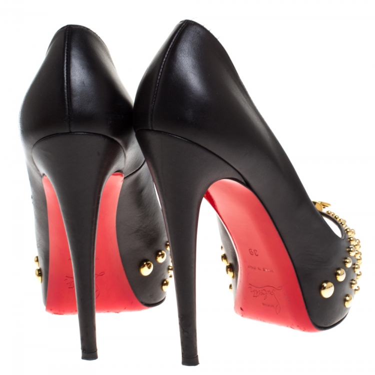 Pre Owned Christian Louboutin Black Leather Door Knock Studded Peep Toe Platform Pumps Size 39