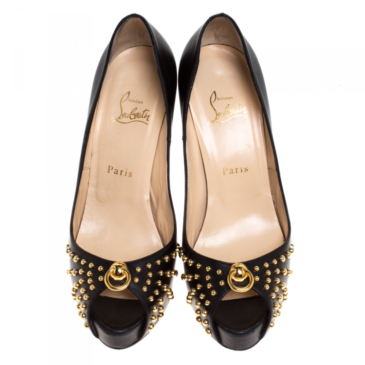 Pre Owned Christian Louboutin Black Leather Door Knock Studded Peep Toe Platform Pumps Size 39