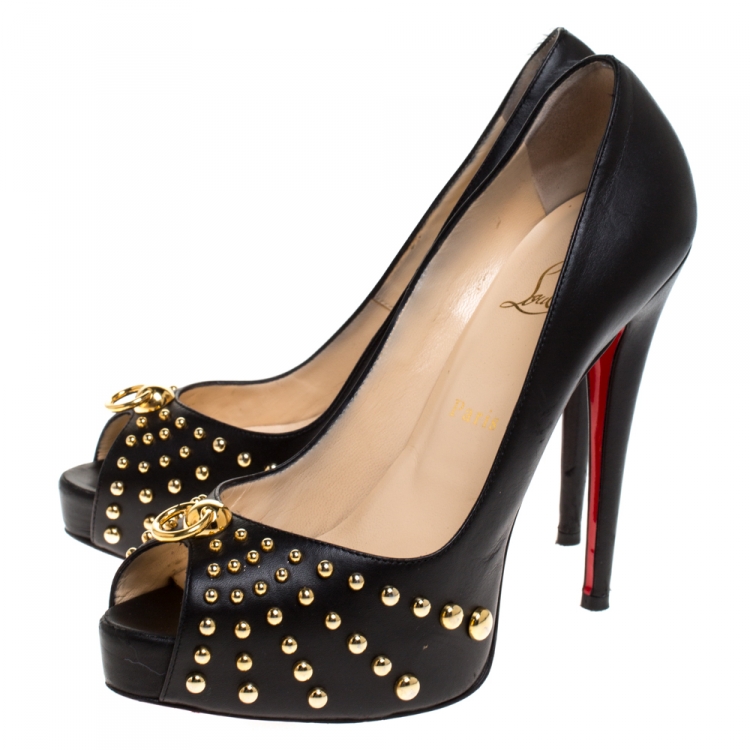 Pre Owned Christian Louboutin Black Leather Door Knock Studded Peep Toe Platform Pumps Size 39