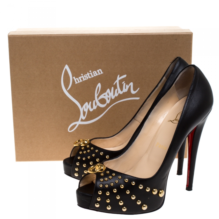 Pre Owned Christian Louboutin Black Leather Door Knock Studded Peep Toe Platform Pumps Size 39