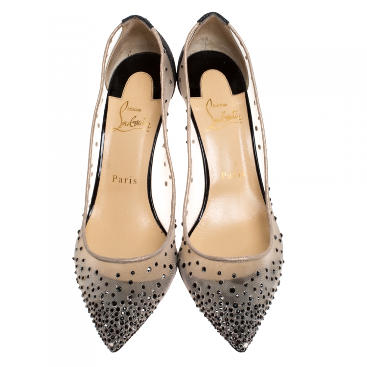 Pre Owned Christian Louboutin Crystal Embellished Mesh Follies Strass Pointed Toe Pumps Size 38
