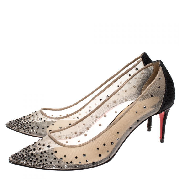 Pre Owned Christian Louboutin Crystal Embellished Mesh Follies Strass Pointed Toe Pumps Size 38