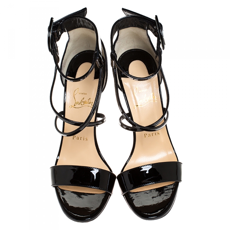 Pre Owned Christian Louboutin Black Patent Leather Choca Strappy Sandals Size 37.5