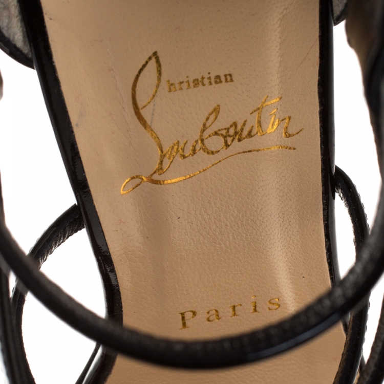 Pre Owned Christian Louboutin Black Patent Leather Choca Strappy Sandals Size 37.5
