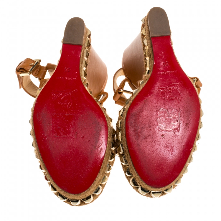 Pre Owned Christian Louboutin Brown Studded Leather Cataclou Espadrille Wedge Sandals Size 35