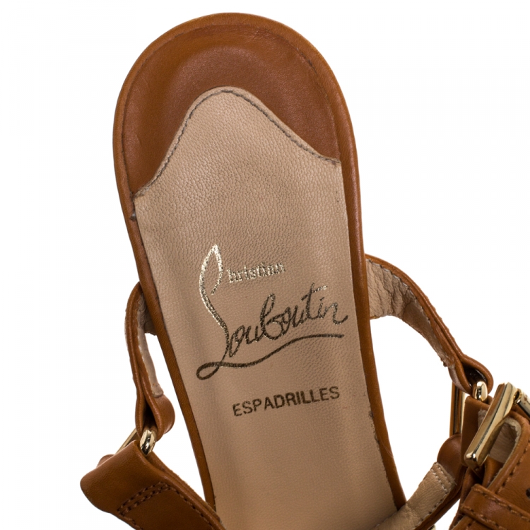 Pre Owned Christian Louboutin Brown Studded Leather Cataclou Espadrille Wedge Sandals Size 35