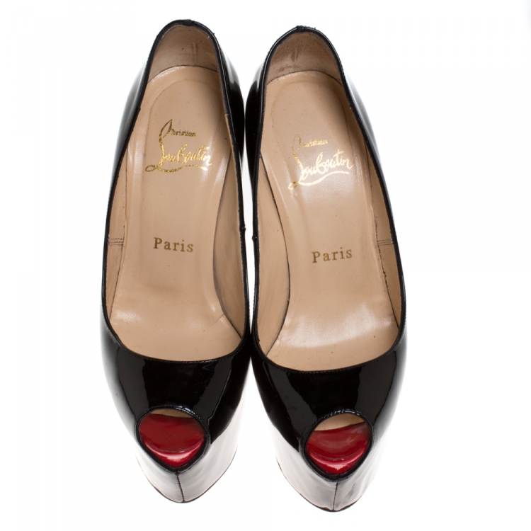 Pre Owned Christian Louboutin Black Patent Leather Highness Peep Toe Platform Pumps Size 35.5